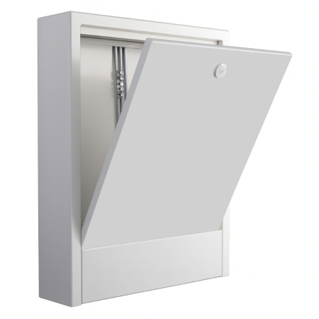 Kudos Trading manifold enclosure box for underfloor heating systems, sturdy metal cabinet designed to protect and neatly house heating manifolds.