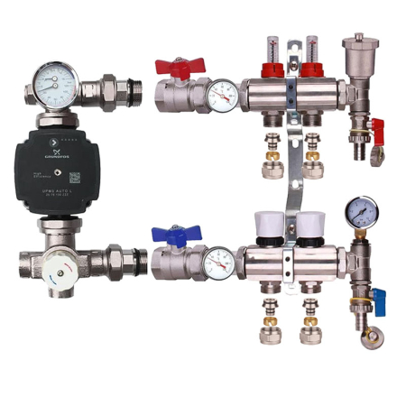 Kudos Trading 2 port blending manifold kit with A-rated Grundfos pump, designed for efficient temperature control and balanced water flow in underfloor heating systems.