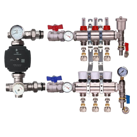 Kudos Trading 3 port blending manifold kit with A-rated Grundfos pump, designed for efficient temperature control and balanced water flow in underfloor heating systems.