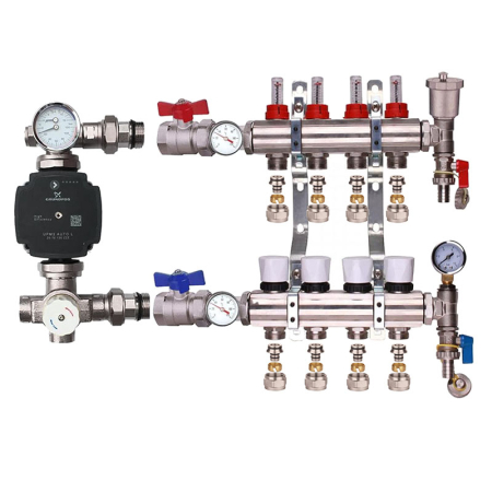 Kudos Trading 4 port blending manifold kit with A-rated Grundfos pump, designed for efficient temperature control and balanced water flow in underfloor heating systems.