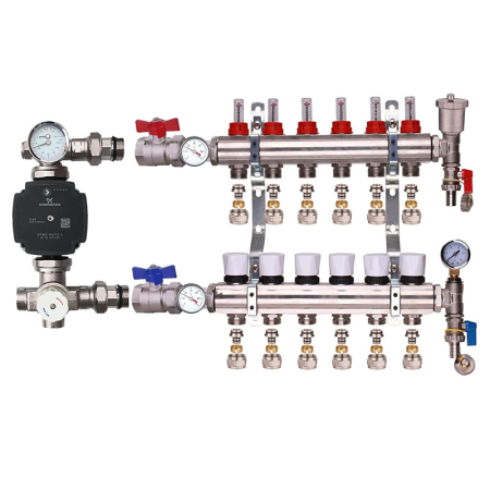 Kudos Trading 6 port blending manifold kit with A-rated Grundfos pump, designed for efficient temperature control and balanced water flow in underfloor heating systems.