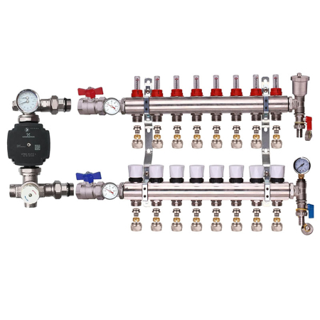 Kudos Trading 8 port blending manifold kit with A-rated Grundfos pump, designed for efficient temperature control and balanced water flow in underfloor heating systems.