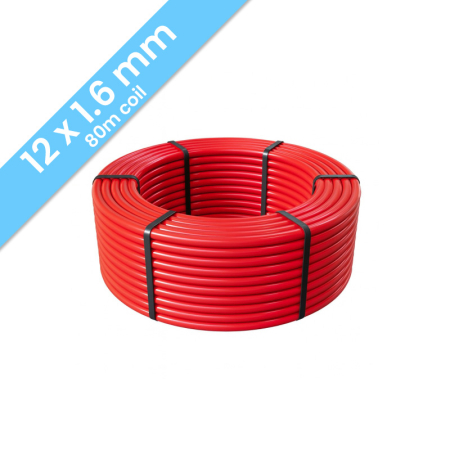 Kudos Trading PE RT 12mm x 1.6mm underfloor heating pipe, 80m coil, durable multilayer design for efficient water-based floor heating systems.