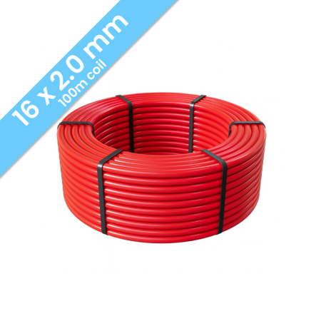 Kudos Trading PE RT 16mm x 2mm underfloor heating pipe, 100m coil, durable multilayer design for efficient water-based floor heating systems.
