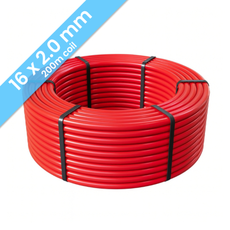 Kudos Trading PE RT 16mm x 2mm underfloor heating pipe, 200m coil, durable multilayer design for efficient water-based floor heating systems.