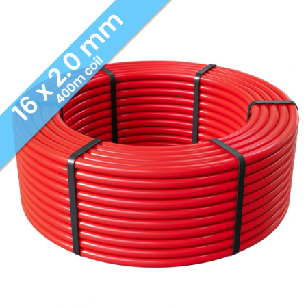 Kudos Trading PE RT 16mm x 2mm underfloor heating pipe, 400m coil, durable multilayer design for efficient water-based floor heating systems.