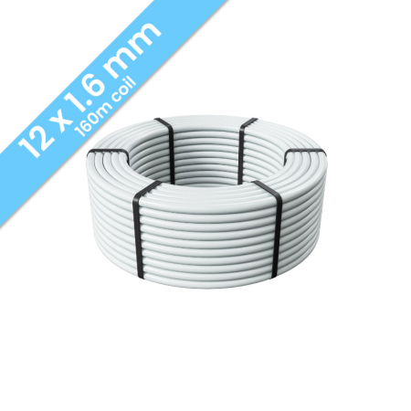 Kudos Trading PERT-AL-PERT 12mm x 1.6mm underfloor heating pipe, 160m coil, durable multilayer design for efficient water-based floor heating systems.
