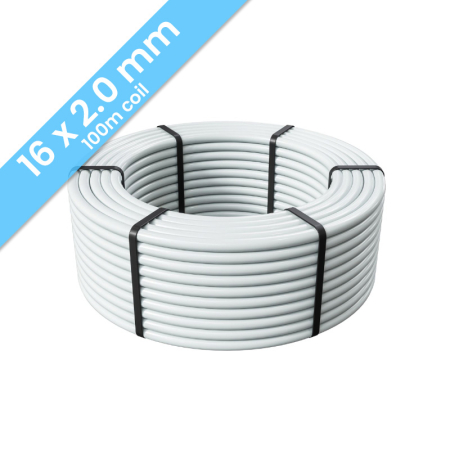 Kudos Trading PERT-AL-PERT 16mm x 2mm underfloor heating pipe, 100m coil, durable multilayer design for efficient water-based floor heating systems.