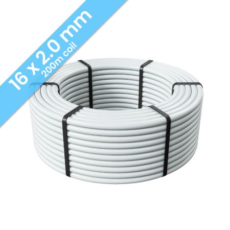 Kudos Trading PERT-AL-PERT 16mm x 2mm underfloor heating pipe, 200m coil, durable multilayer design for efficient water-based floor heating systems.