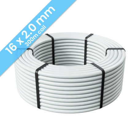 Kudos Trading PERT-AL-PERT 16mm x 2mm underfloor heating pipe, 300m coil, durable multilayer design for efficient water-based floor heating systems.