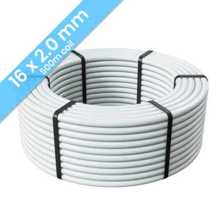 Kudos Trading PERT-AL-PERT 16mm x 2mm underfloor heating pipe, 500m coil, durable multilayer design for efficient water-based floor heating systems.