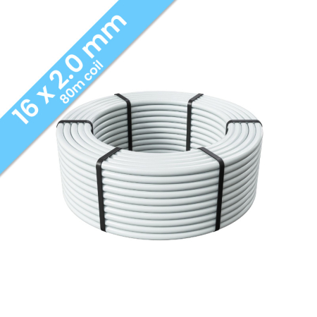 Kudos Trading PERT-AL-PERT 16mm x 2mm underfloor heating pipe, 80m coil, durable multilayer design for efficient water-based floor heating systems.