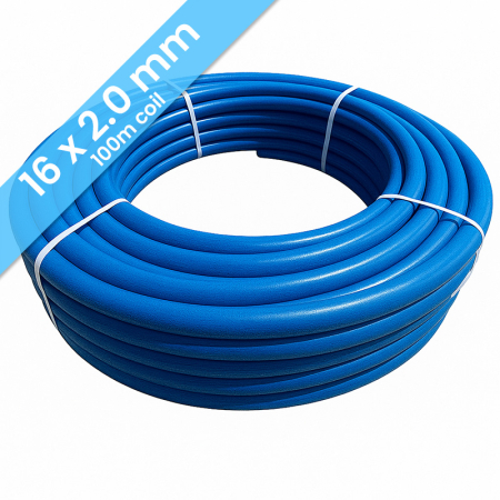 Kudos Trading pre-insulated blue 16mm x 2mm underfloor heating pipe, 100m coil, durable multilayer design for efficient water underfloor heating installations.