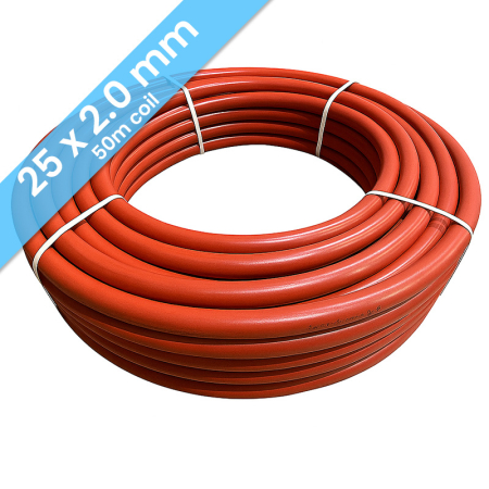 Kudos Trading pre-insulated red 25mm x 2mm underfloor heating pipe, 50m coil, durable multilayer design for efficient water underfloor heating installations.