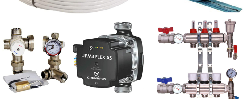 Kudos Trading 60sqm water underfloor heating kit with manifold, pipes, and fittings for efficient hydronic floor heating installation.