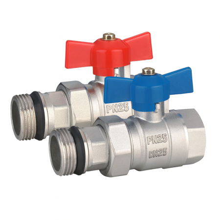 Kudos Trading 3/4 inch manifold ball valve pair for underfloor heating systems, durable chrome valves providing reliable flow control and secure manifold connection.