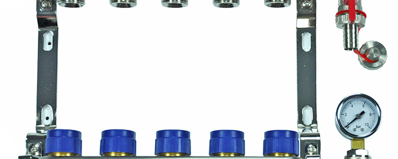 Stainless steel manifolds for underfloor heating systems, with pressure gauge, flow meters, and automatic air vent.