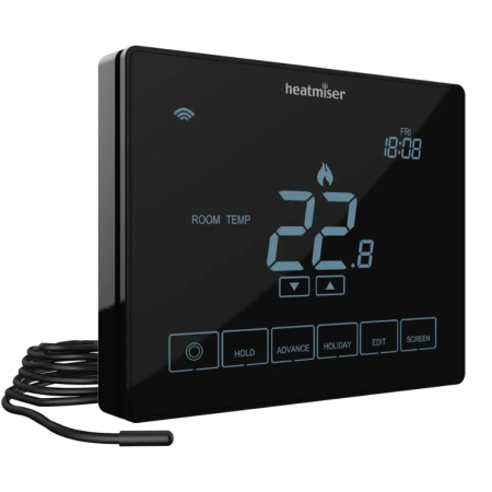 Heatmiser Neostat Touch-E Carbon digital thermostat with touchscreen display, wall-mounted controller for electric underfloor heating systems.
