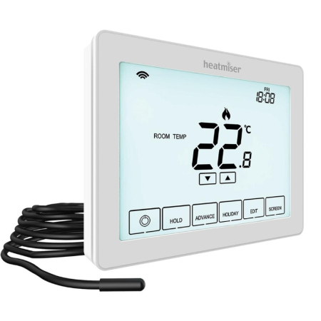 Heatmiser Neostat Touch-E white digital thermostat with touchscreen display, wall-mounted controller for electric underfloor heating systems.