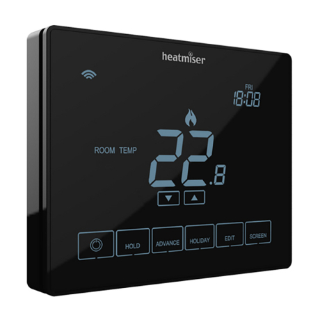 Heatmiser NeoStat Touch Carbon smart heating thermostat installed on wall