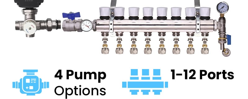 Underfloor Heating Manuifold with Pump | Configure your kit: 4 Pump Options, 2 - 12 Ports, 2 Valve Types, 8 Eurocone Sizes