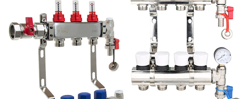 Underfloor heating manifolds in nickel coated brass and stainless steel