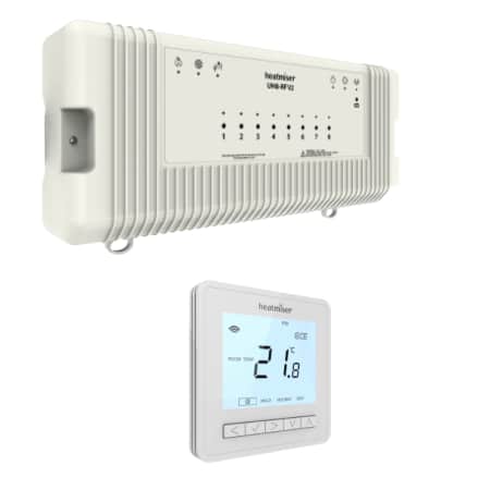 Heatmiser UH8 RF 230V with 1 x NeoAir-White 8-zone wireless wiring centre for underfloor heating, providing reliable RF connectivity and multi-zone temperature control.