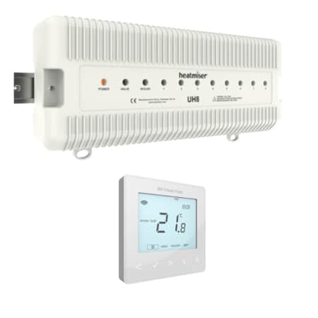 Heatmiser UH8 230V 8-zone wiring centre with 1 x Neostat, central control unit for managing multiple water underfloor heating zones and actuators.