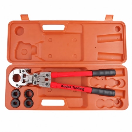 Kudos Trading manual press tool with ergonomic handle and durable steel body, designed for secure press-fit plumbing connections and efficient pipe installation.