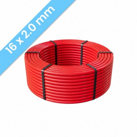 Kudos Trading PE RT 16mm x 2mm underfloor heating pipe, 500m coil, durable multilayer design for efficient water-based floor heating systems.