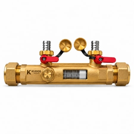 Heat pump flow balancing valve with fill and flush connections in 22mm and 28mm sizes