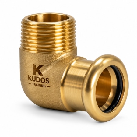 Brand M Press copper male elbow with 90 degree press connection and external male thread for copper water pipework